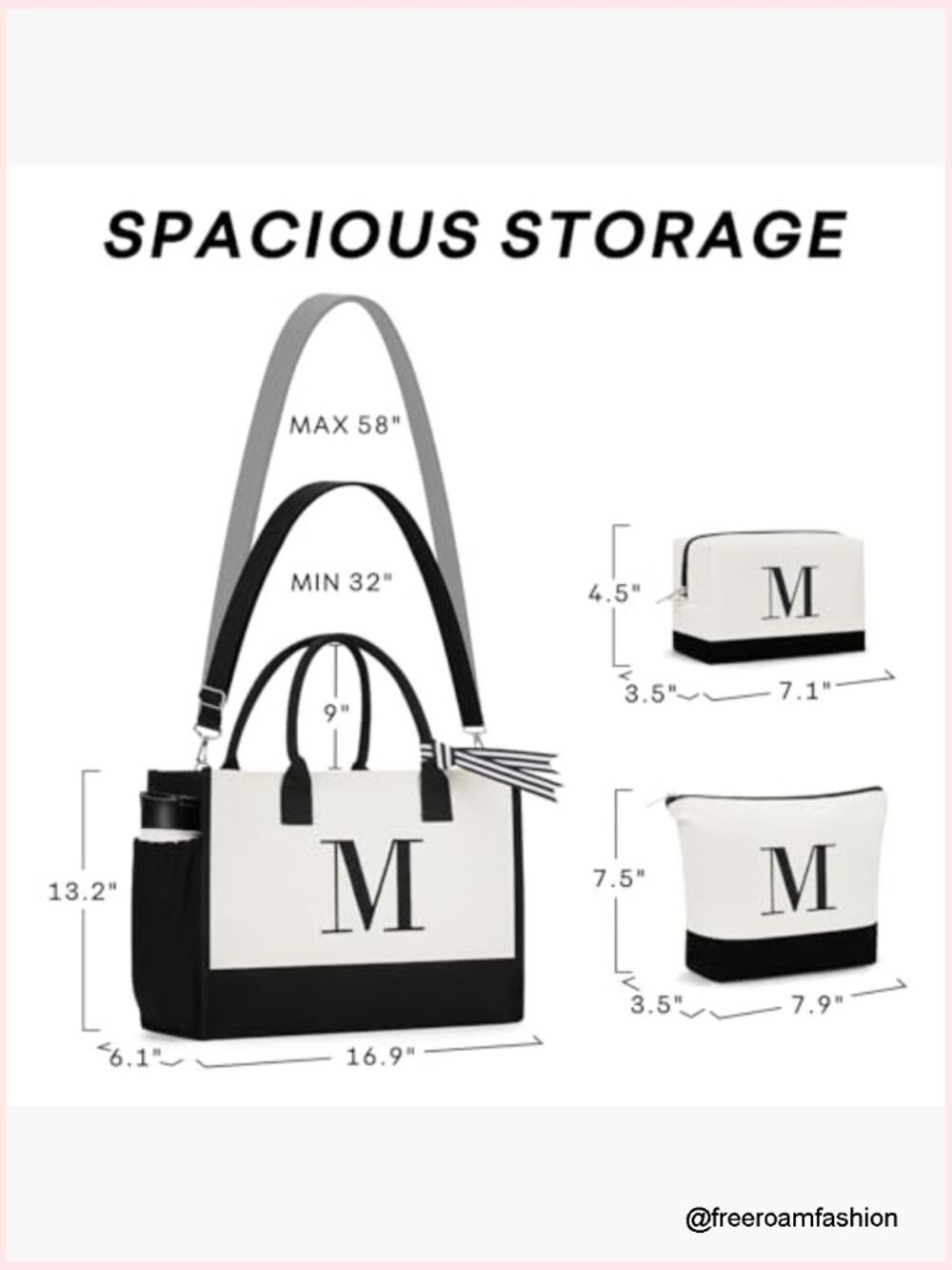 Large Canvas Tote Bag with 2 Cosmetic Bags, Zipper Closure, Removable Strap - Picture 4 of 7
